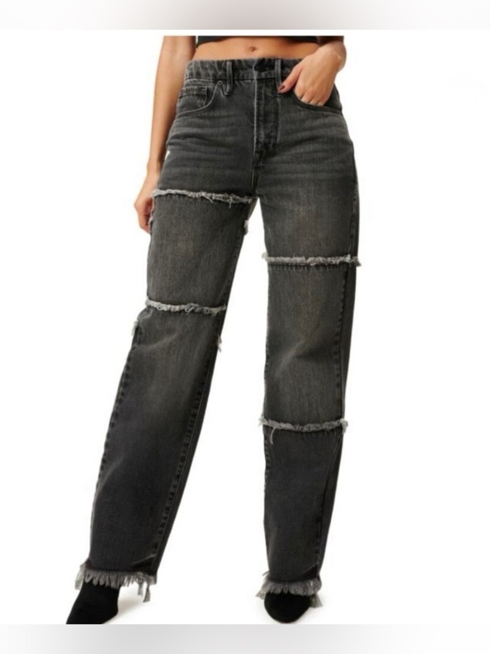 Good American Good 90’s Black Washed Straight Leg Jeans with Raw Seam Detail